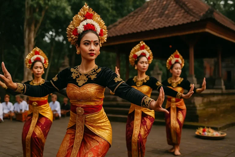 Contoh kebudayaan material dan spiritual Nusantara seperti rumah adat, wayang kulit, dan upacara adat